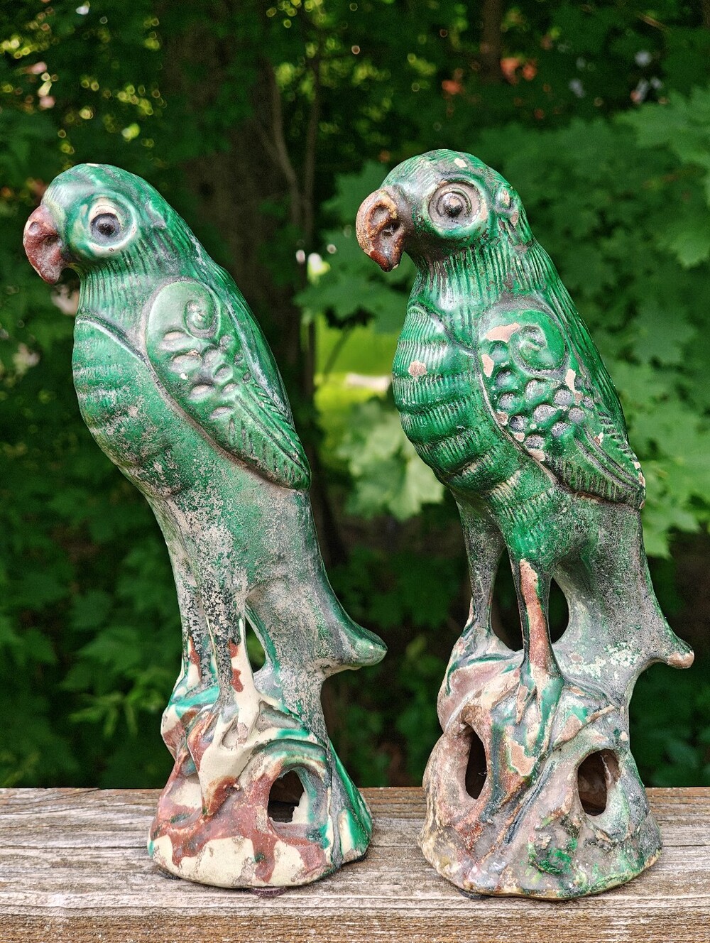 Antique late Qing Dynasty Chinese Sancai Glazed Pottery Parrot Figurines Pair